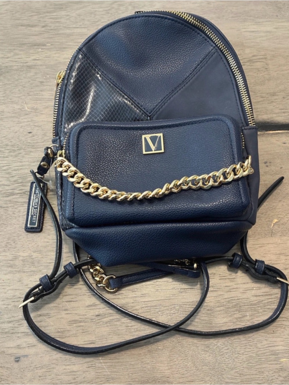 Victoria's Secret Navy Mini Backpack with Gold Chain Accent - Picture 1 of 6